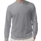 Men's Loose Linen Solid Color Long Sleeve Stand Collar Shirt - product type - NovaVisio