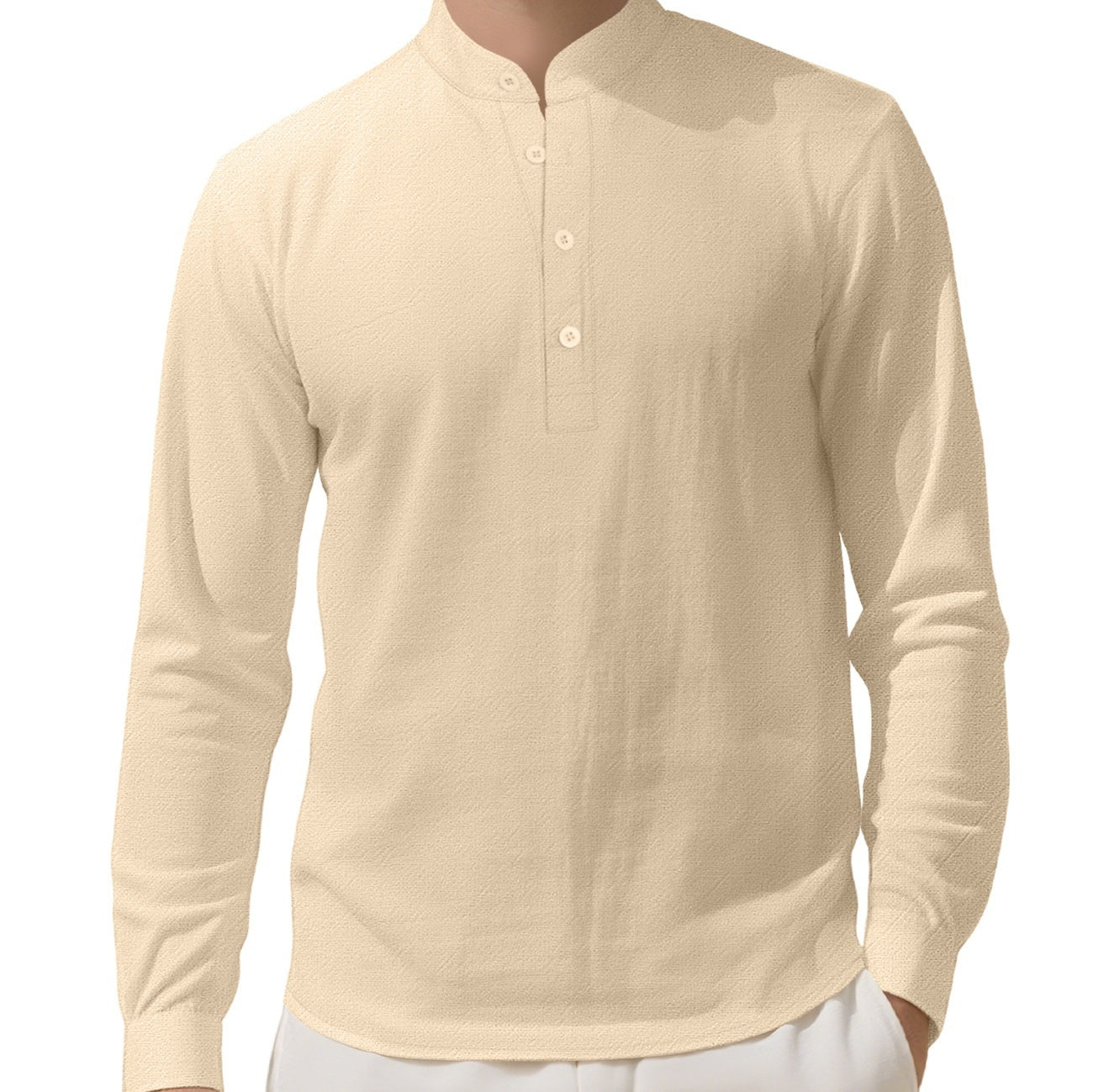 Men's Loose Linen Solid Color Long Sleeve Stand Collar Shirt - product type - NovaVisio