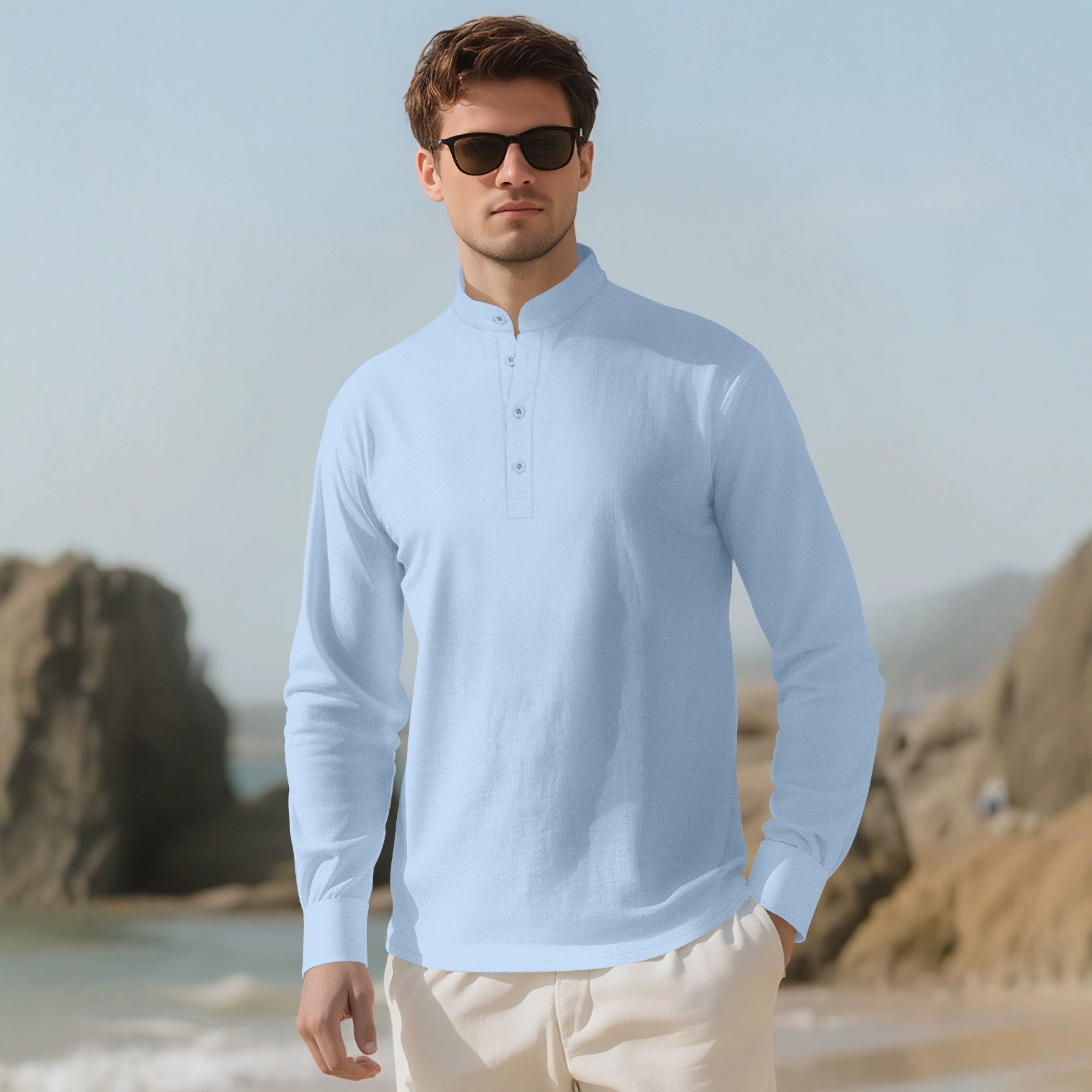 Men's Loose Linen Solid Color Long Sleeve Stand Collar Shirt - product type - NovaVisio