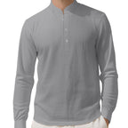 Men's Loose Linen Solid Color Long Sleeve Stand Collar Shirt - product type - NovaVisio