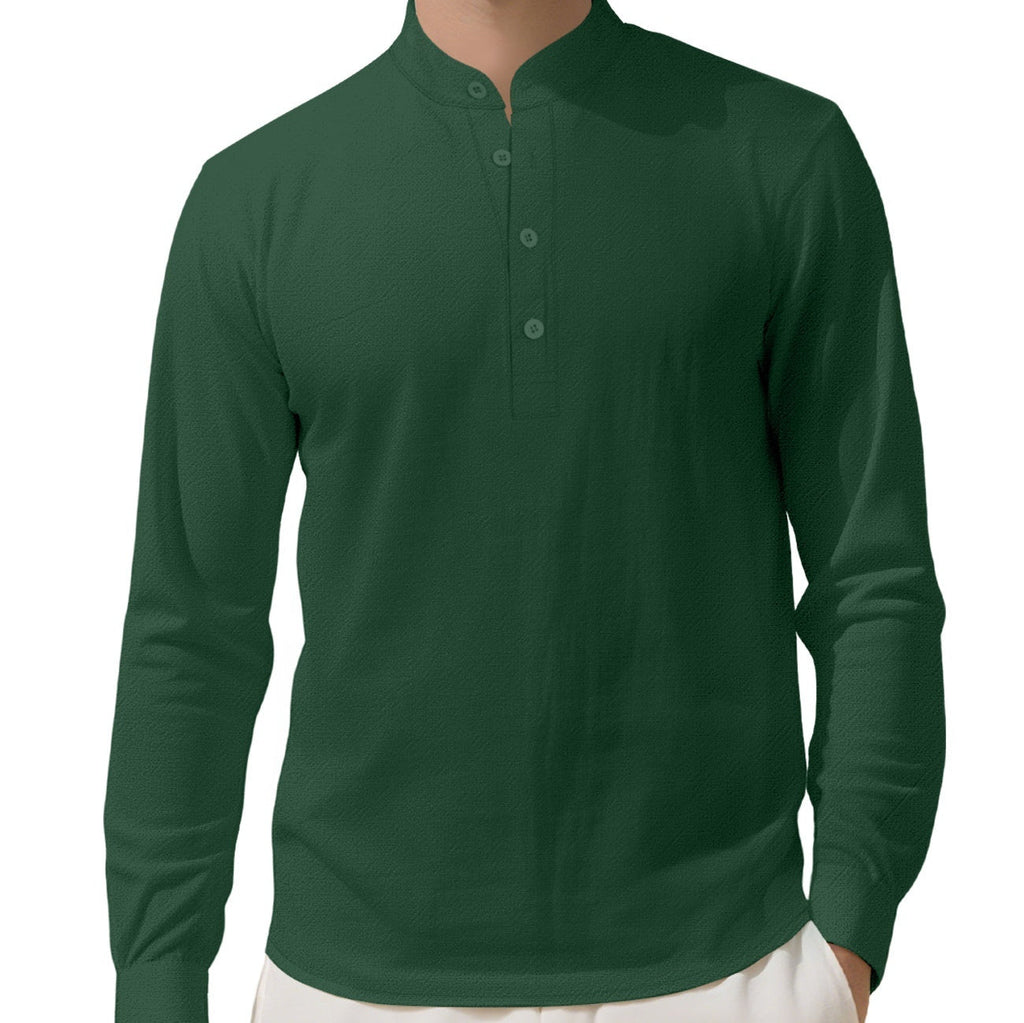 Men's Loose Linen Solid Color Long Sleeve Stand Collar Shirt - product type - NovaVisio