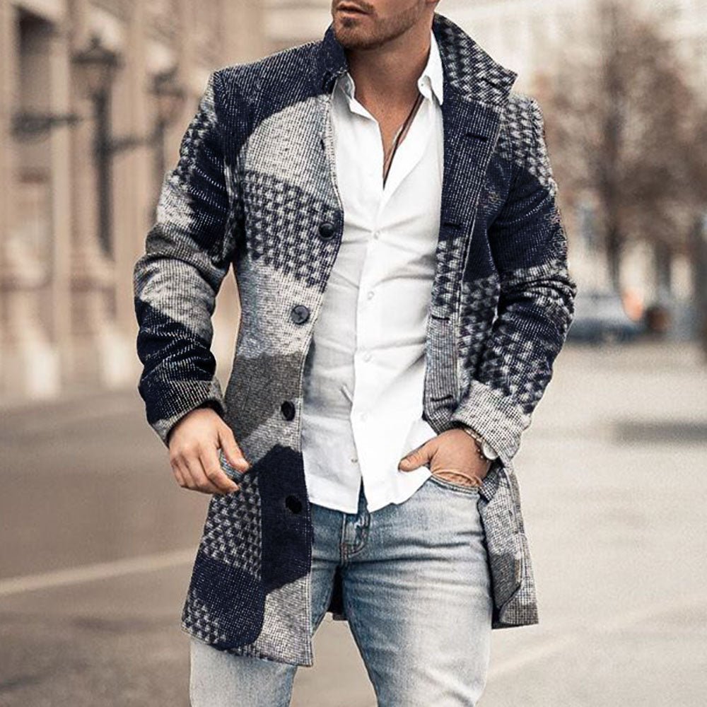 New men's woolen stand collar mid - length casual coat with pockets - product type - NovaVisio