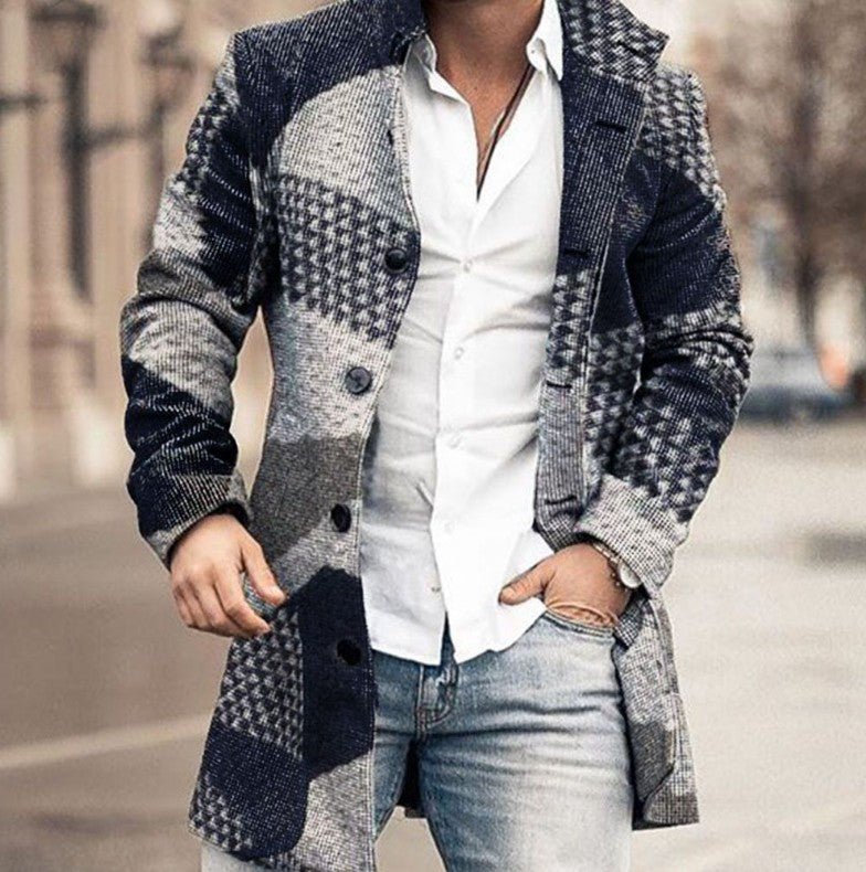 New men's woolen stand collar mid - length casual coat with pockets - product type - NovaVisio