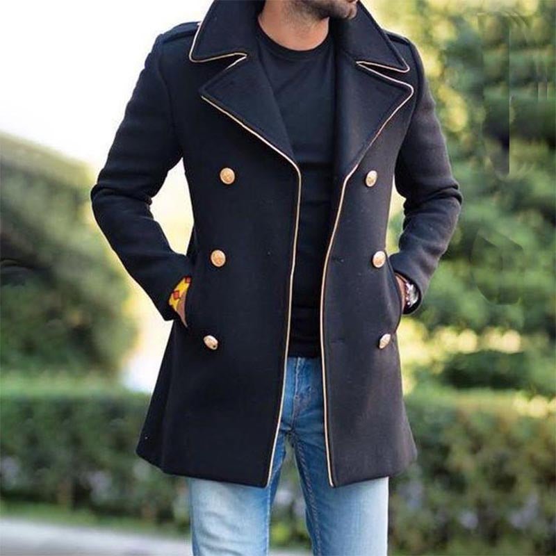 New men's woolen stand collar mid - length casual coat with pockets - product type - NovaVisio