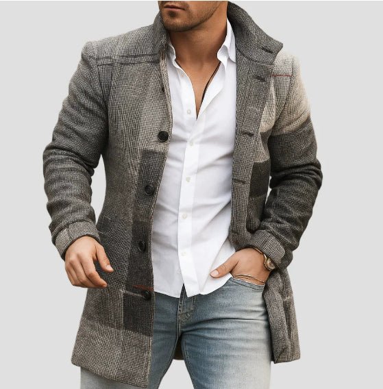 New men's woolen stand collar mid - length casual coat with pockets - product type - NovaVisio