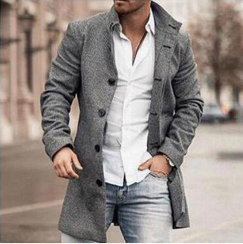 New men's woolen stand collar mid - length casual coat with pockets - product type - NovaVisio