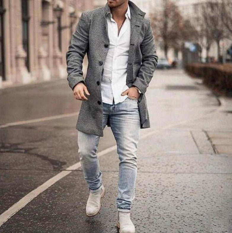 New men's woolen stand collar mid - length casual coat with pockets - product type - NovaVisio
