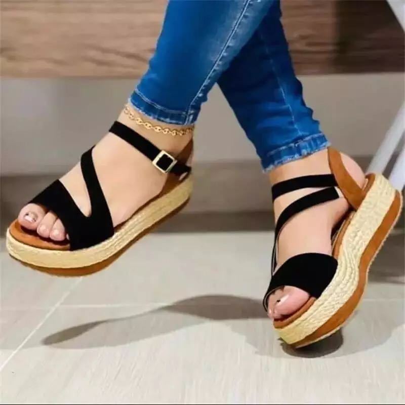 Platform Sandals Hollow Buckle Women's Shoes - Roman Style PU Leather Summer Sandals - product type - NovaVisio