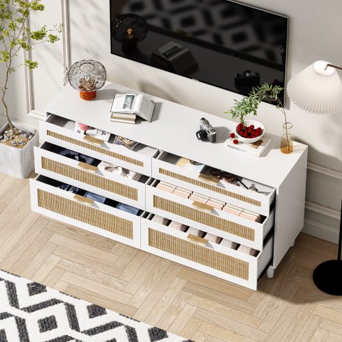 Rattan Dresser With Drawers, 6 Drawer Dresser For Bedroom, Clothes Storage Cabinet For Bedroom, Metal Handle&Wood Legs For Hallway, Living Room, Bedroom,White - product type - NovaVisio