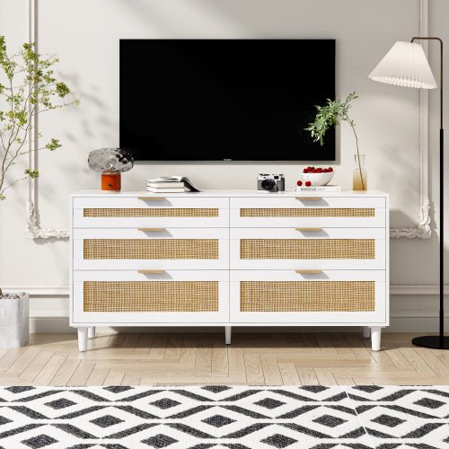 Rattan Dresser With Drawers, 6 Drawer Dresser For Bedroom, Clothes Storage Cabinet For Bedroom, Metal Handle&Wood Legs For Hallway, Living Room, Bedroom,White - product type - NovaVisio