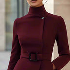 Stand Collar Belted Midi Dress - Long Sleeve Office Dress - product type - NovaVisio