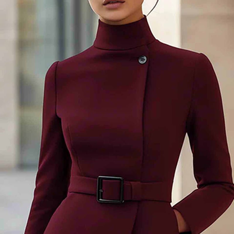 Stand Collar Belted Midi Dress - Long Sleeve Office Dress - product type - NovaVisio