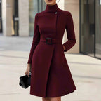 Stand Collar Belted Midi Dress - Long Sleeve Office Dress - product type - NovaVisio