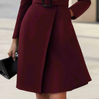 Stand Collar Belted Midi Dress - Long Sleeve Office Dress - product type - NovaVisio