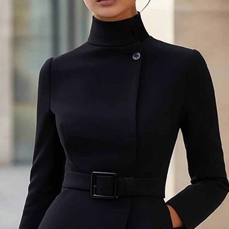 Stand Collar Belted Midi Dress - Long Sleeve Office Dress - product type - NovaVisio