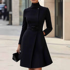 Stand Collar Belted Midi Dress - Long Sleeve Office Dress - product type - NovaVisio