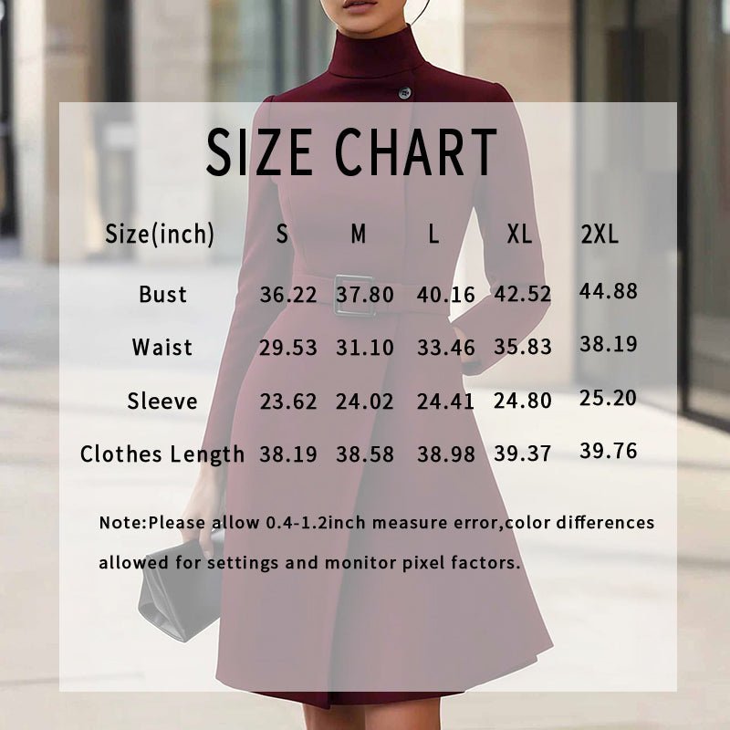 Stand Collar Belted Midi Dress - Long Sleeve Office Dress - product type - NovaVisio