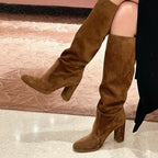 Suede Pleated High Heel Thick Heel Pointed Sleeve Boots - product type - NovaVisio