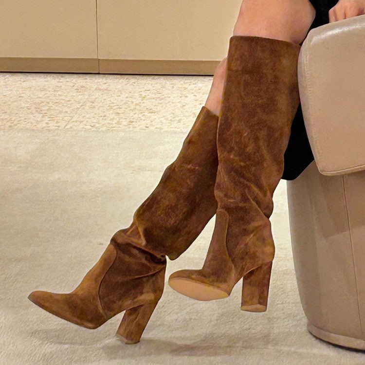 Suede Pleated High Heel Thick Heel Pointed Sleeve Boots - product type - NovaVisio