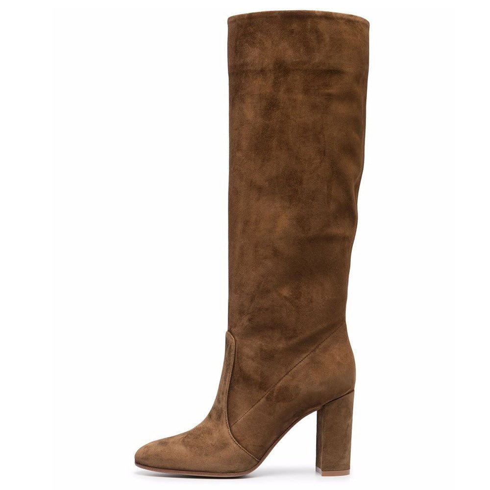 Suede Pleated High Heel Thick Heel Pointed Sleeve Boots - product type - NovaVisio