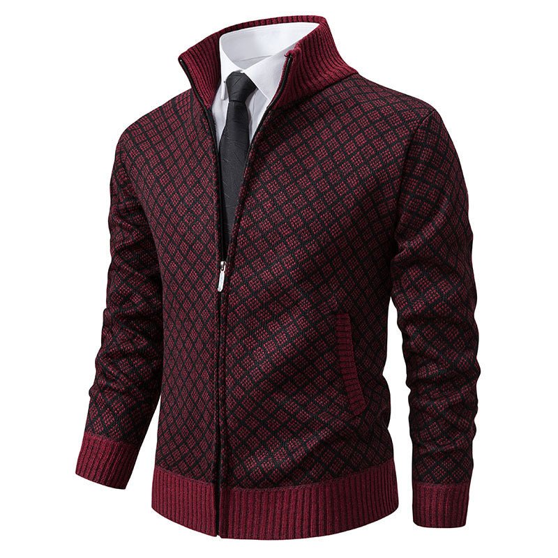 Thickened Plaid Print Jacket Cardigan Fashion Slim Fit Zipper Stand Collar Sweater Winter Men's Casual Long Sleeve Knitted Top Clothing - product type - NovaVisio