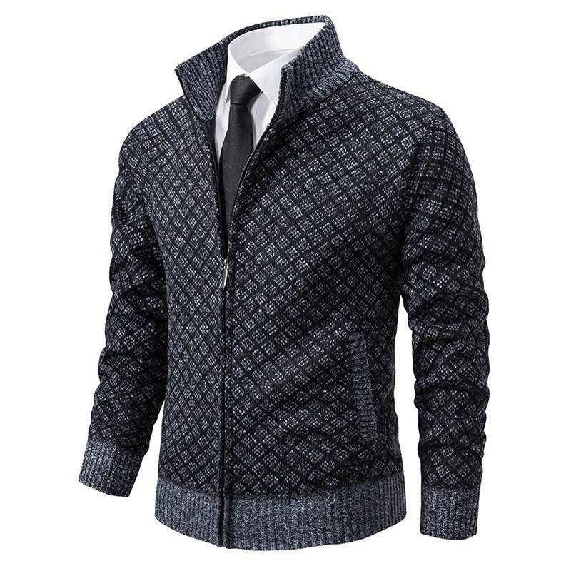 Thickened Plaid Print Jacket Cardigan Fashion Slim Fit Zipper Stand Collar Sweater Winter Men's Casual Long Sleeve Knitted Top Clothing - product type - NovaVisio