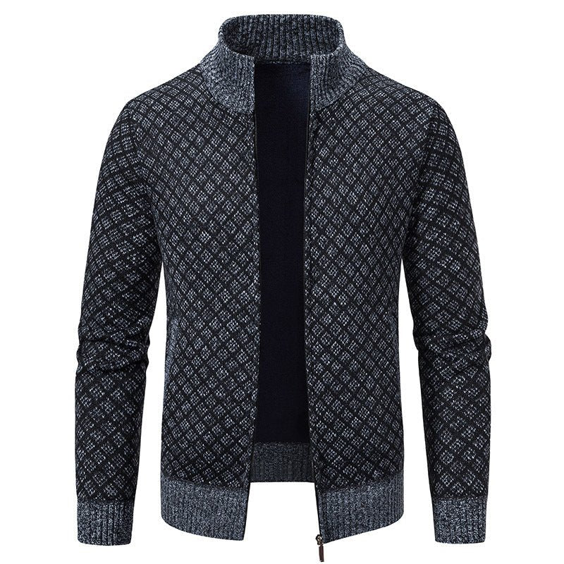 Thickened Plaid Print Jacket Cardigan Fashion Slim Fit Zipper Stand Collar Sweater Winter Men's Casual Long Sleeve Knitted Top Clothing - product type - NovaVisio