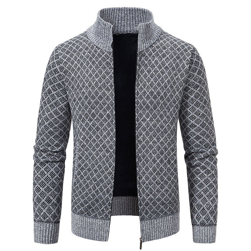 Thickened Plaid Print Jacket Cardigan Fashion Slim Fit Zipper Stand Collar Sweater Winter Men's Casual Long Sleeve Knitted Top Clothing - product type - NovaVisio