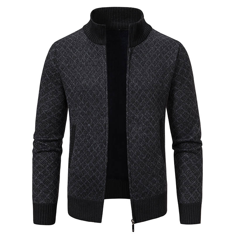 Thickened Plaid Print Jacket Cardigan Fashion Slim Fit Zipper Stand Collar Sweater Winter Men's Casual Long Sleeve Knitted Top Clothing - product type - NovaVisio