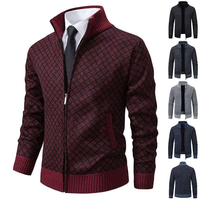 Thickened Plaid Print Jacket Cardigan Fashion Slim Fit Zipper Stand Collar Sweater Winter Men's Casual Long Sleeve Knitted Top Clothing - product type - NovaVisio