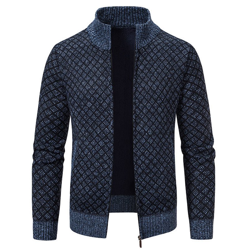 Thickened Plaid Print Jacket Cardigan Fashion Slim Fit Zipper Stand Collar Sweater Winter Men's Casual Long Sleeve Knitted Top Clothing - product type - NovaVisio