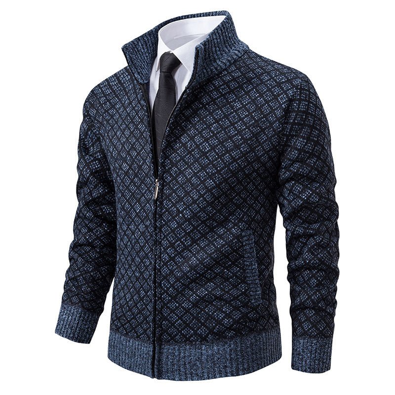 Thickened Plaid Print Jacket Cardigan Fashion Slim Fit Zipper Stand Collar Sweater Winter Men's Casual Long Sleeve Knitted Top Clothing - product type - NovaVisio