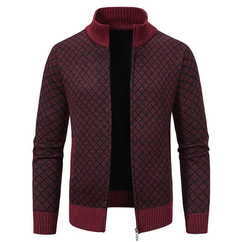 Thickened Plaid Print Jacket Cardigan Fashion Slim Fit Zipper Stand Collar Sweater Winter Men's Casual Long Sleeve Knitted Top Clothing - product type - NovaVisio