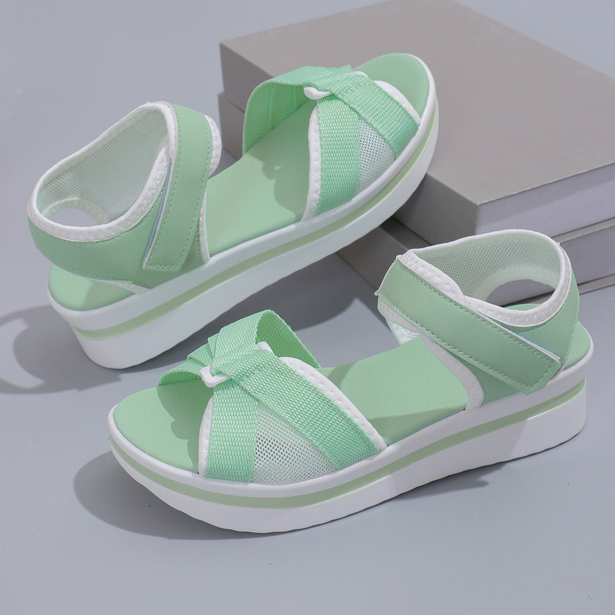 Women's Mesh Cross - Strap Sandals - Velcro Thick Sole Beach Flats - product type - NovaVisio