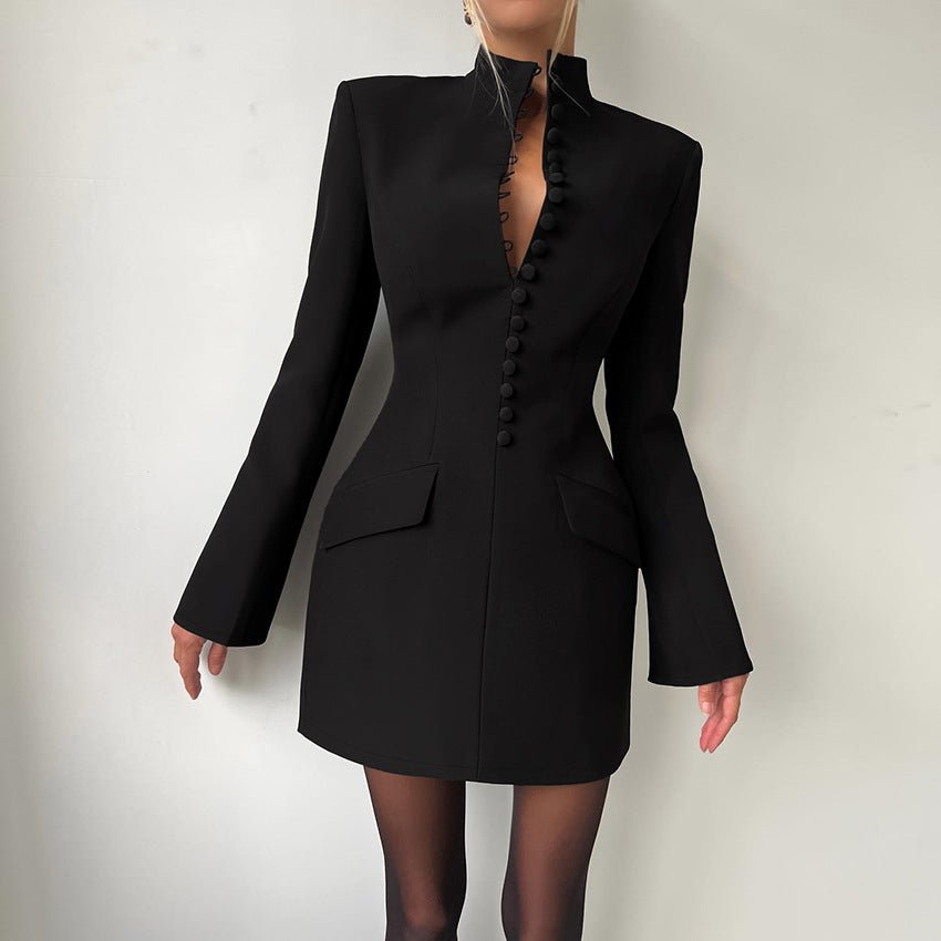 Women's Sexy Slim Waist Long Sleeve Stand Collar Dress - product type - NovaVisio