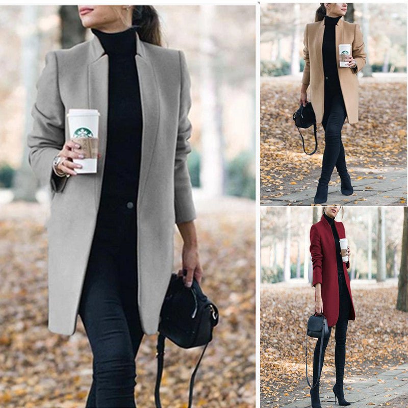 Women's Solid Color Woolen Coat - Classic Collar Jacket - product type - NovaVisio