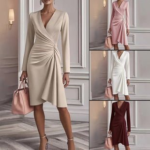 Women's V - Neck Midi Dress - Long Sleeve A - Line Office Party Dress - product type - NovaVisio